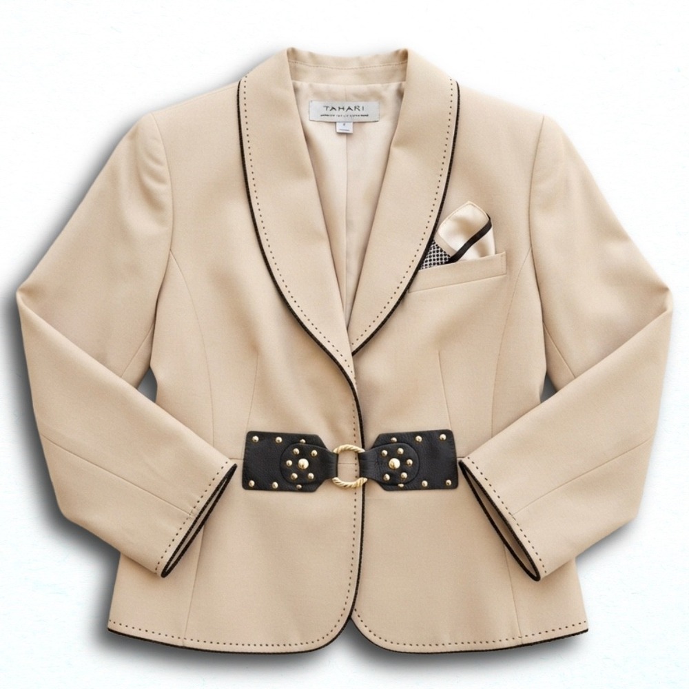 Tahari Arthur S. Levine Tan Blazer Shawl Collar Studded Belted Jacket Size 2